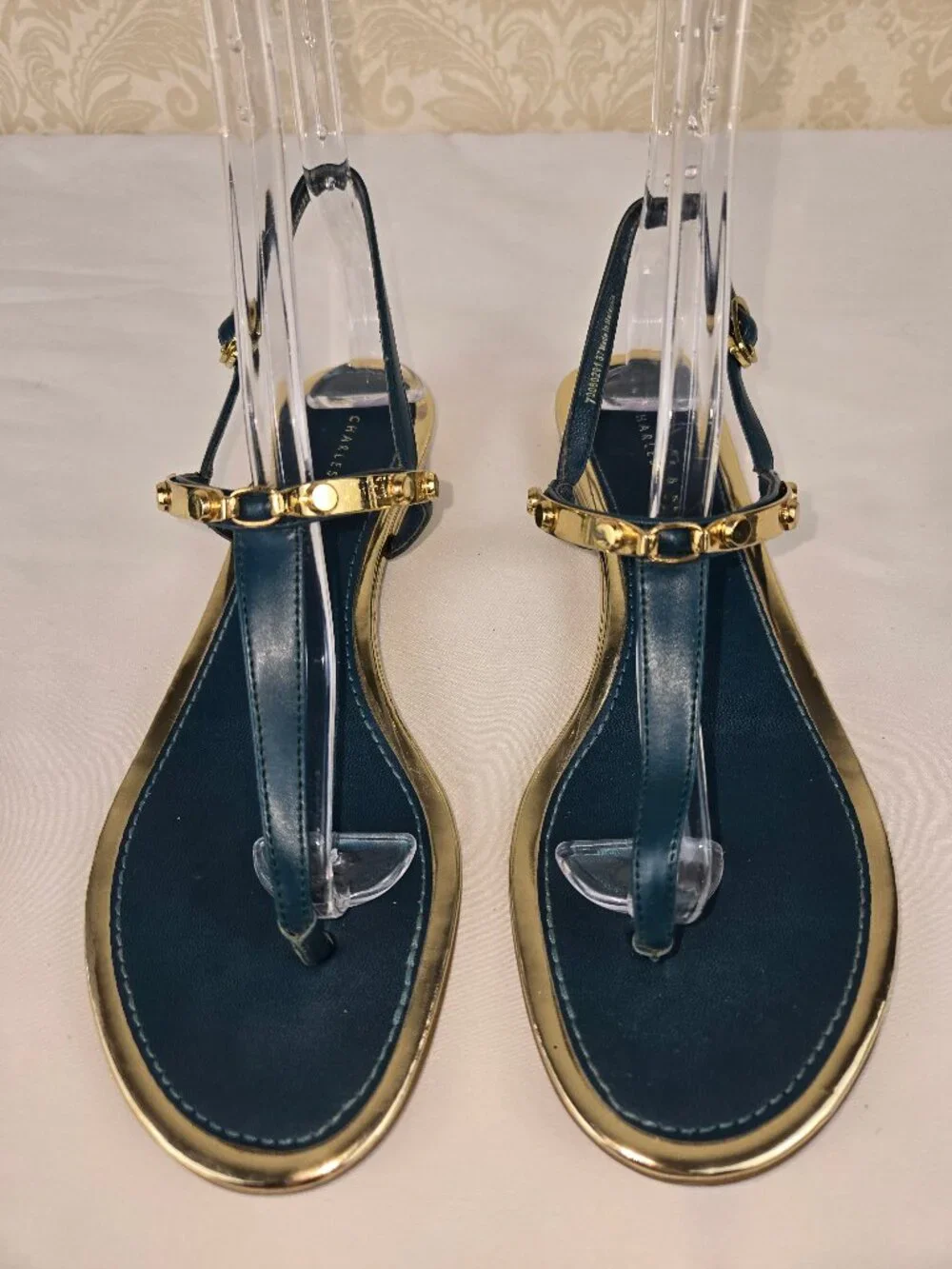 Charles & Keith Size 37 (US 7) Teal Gold Accent Leather Sandal Ankle Strap
